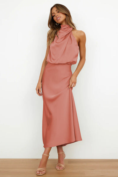 Claire | Satin Long Dress with Halter Neck
