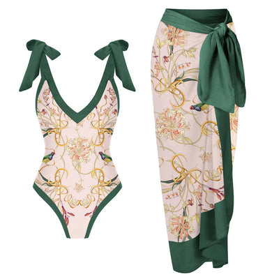 V-Neck Ruffled Vintage Printed Swimsuit