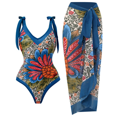 V-Neck Ruffled Vintage Printed Swimsuit