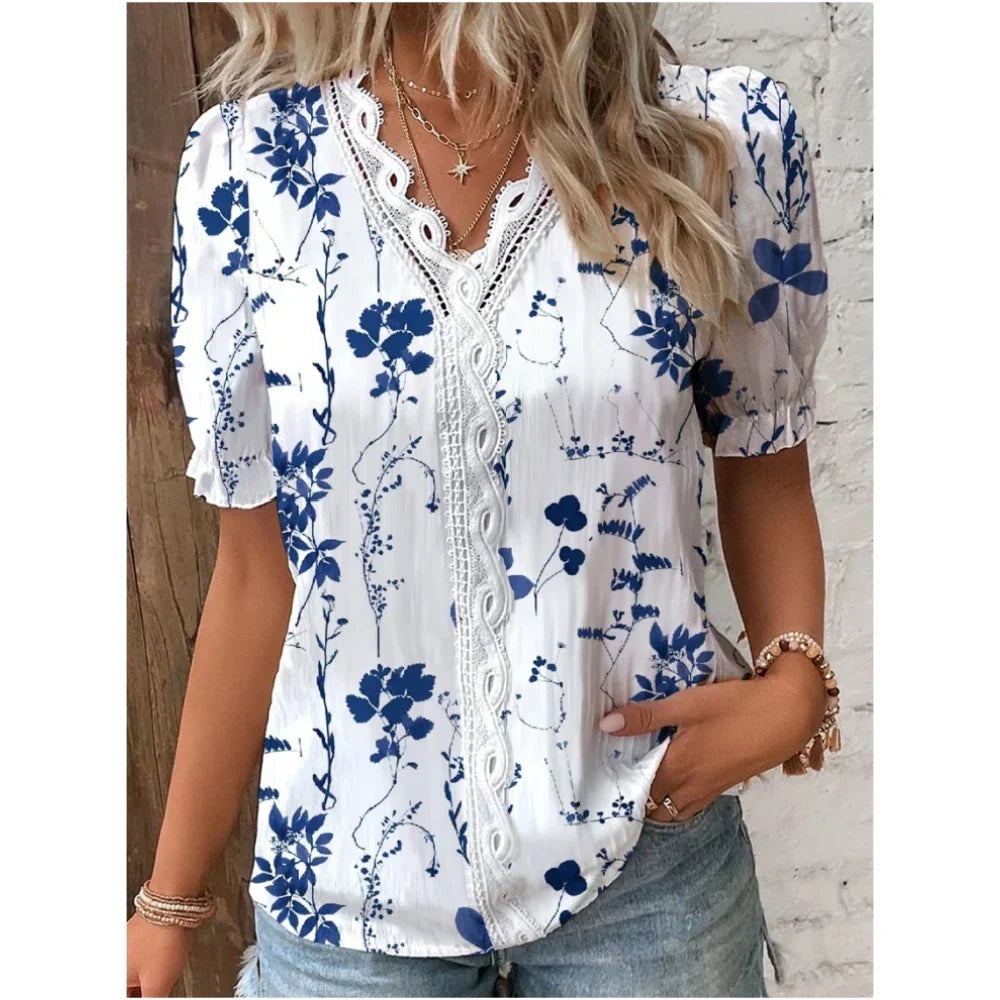 Summer Breeze V-Neck Lace Patchwork Top