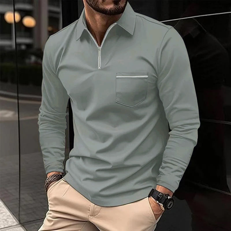 Men's Solid Zipper Lapel Breast Pocket Long Sleeve Polo Shirt