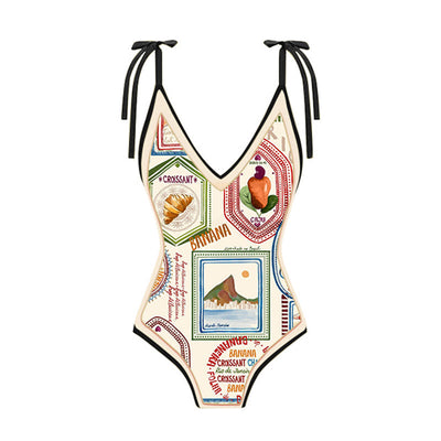 Multi-element puzzle print swimsuit