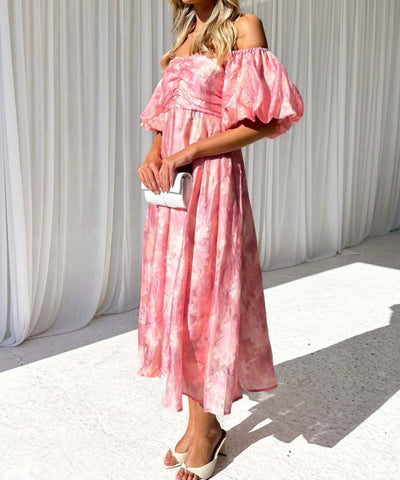 Elegant Floral Bubble Sleeves Maxi Dress