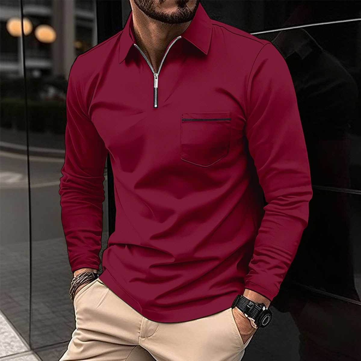 Men's Solid Zipper Lapel Breast Pocket Long Sleeve Polo Shirt