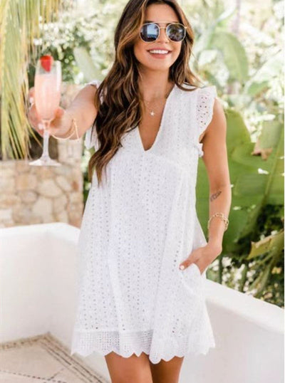 V-Neck Lace Beach Dress with Pockets