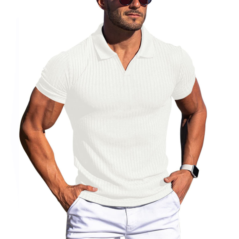 Men's Solid Striped Lapel Short Sleeve Polo Shirt