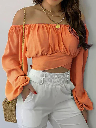 Chic Lace-Up Off-Shoulder Print Blouse