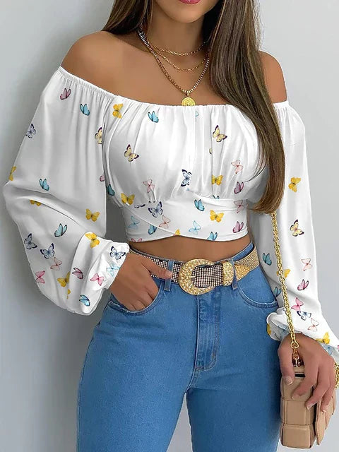 Chic Lace-Up Off-Shoulder Print Blouse