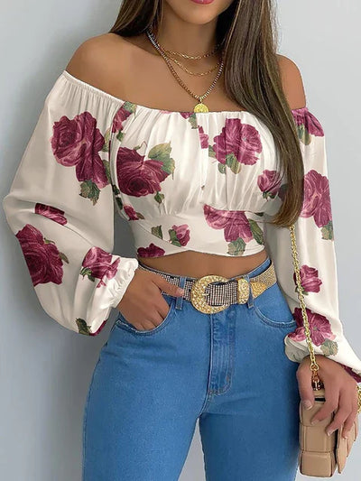 Chic Lace-Up Off-Shoulder Print Blouse