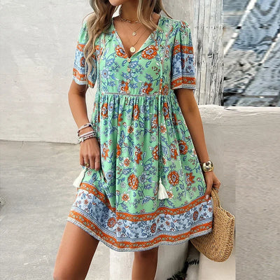 Ariana™ Floral V-Neck Boho Mini Dress