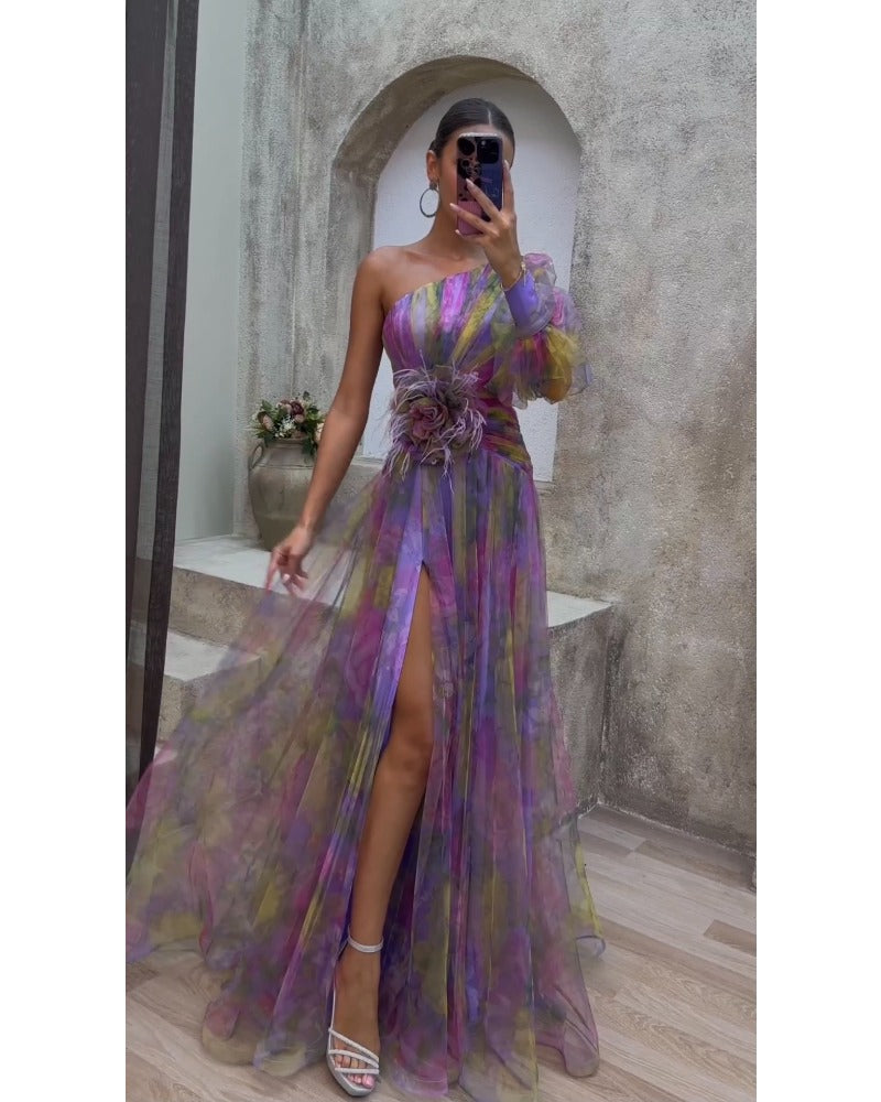 Floral one-shoulder flowy long-sleeved dress