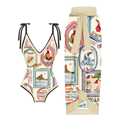 Multi-element puzzle print swimsuit