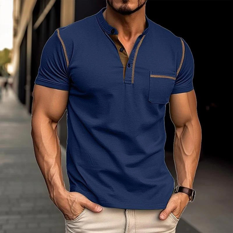 Men's Casual Colorblock Henley Collar Short Sleeve T-Shirt