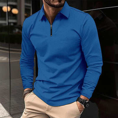 Men's Casual Waffle Zipper Long Sleeve Polo Shirt