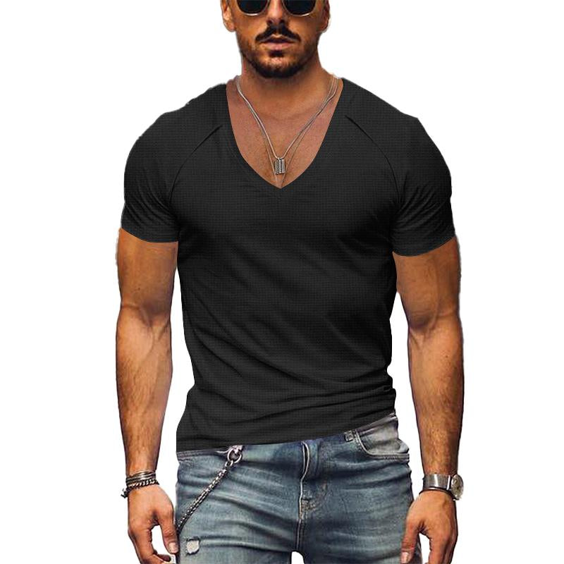 Men's Waffle Solid Color V Neck Solid Color T-Shirt