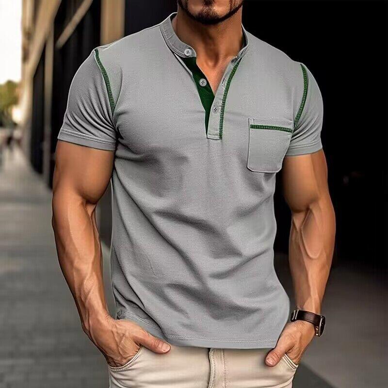 Men's Casual Colorblock Henley Collar Short Sleeve T-Shirt