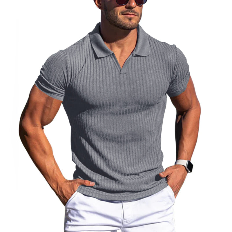 Men's Solid Striped Lapel Short Sleeve Polo Shirt