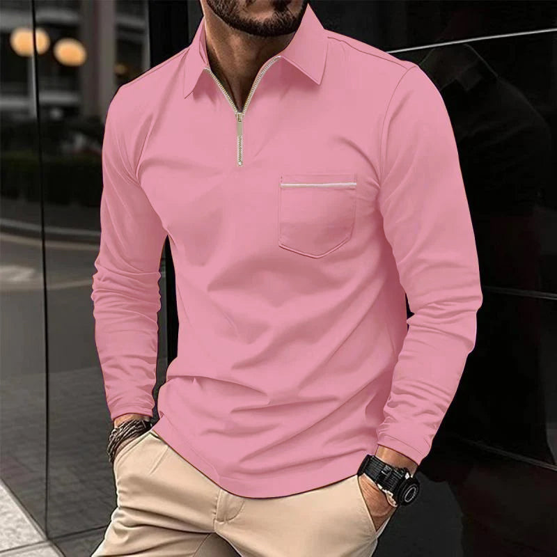 Men's Solid Zipper Lapel Breast Pocket Long Sleeve Polo Shirt