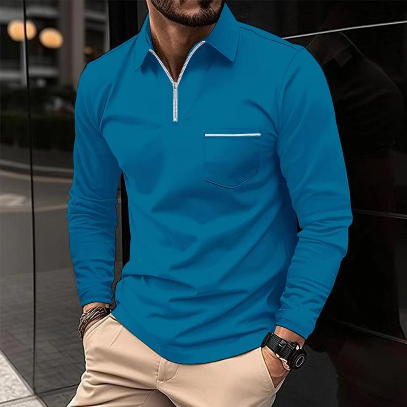 Men's Solid Zipper Lapel Breast Pocket Long Sleeve Polo Shirt