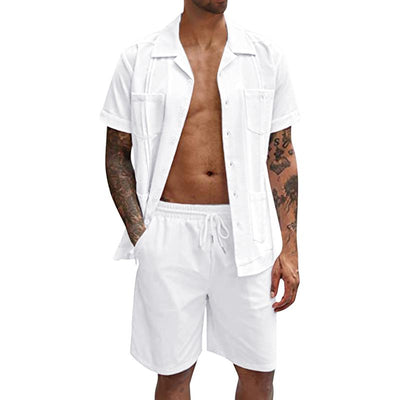 Men's Lapel Pocket Short Sleeve Shirt Shorts Set