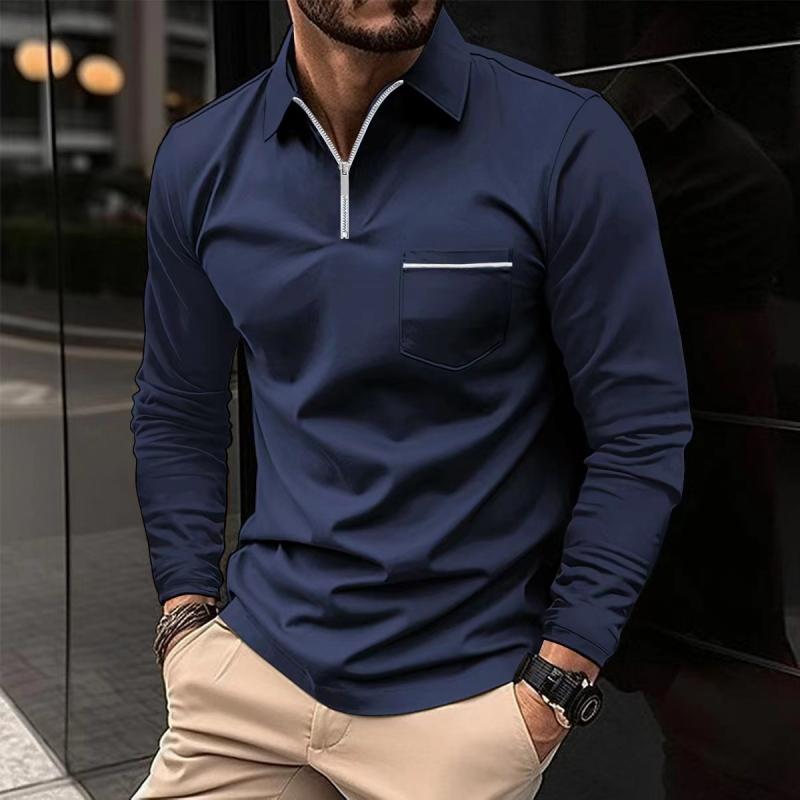 Men's Solid Zipper Lapel Breast Pocket Long Sleeve Polo Shirt