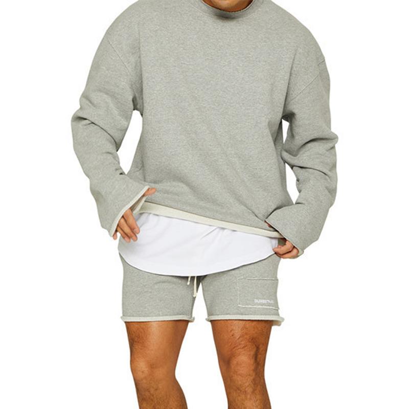 Men's Fashion Solid Color Loose Rolled Sweatshirt Shorts Set