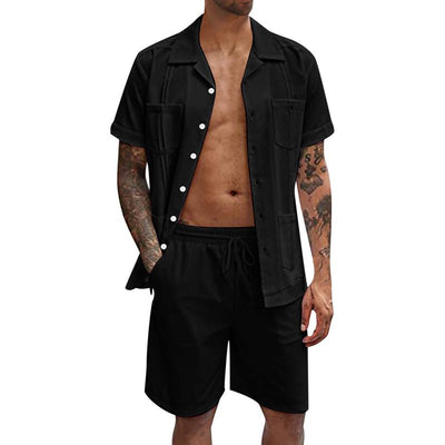 Men's Lapel Pocket Short Sleeve Shirt Shorts Set