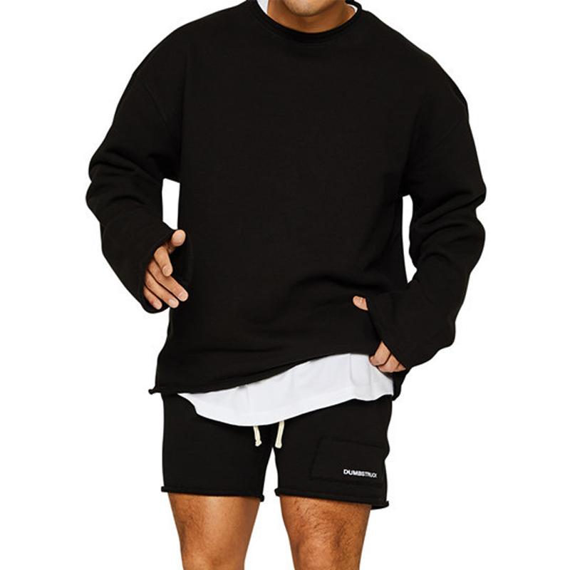 Men's Fashion Solid Color Loose Rolled Sweatshirt Shorts Set