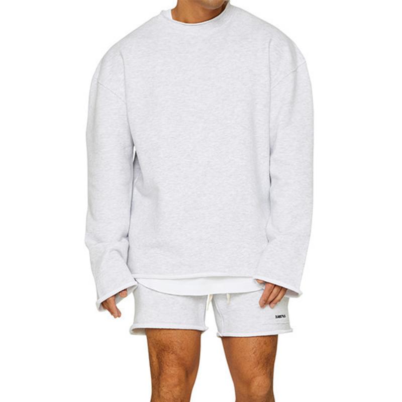 Men's Fashion Solid Color Loose Rolled Sweatshirt Shorts Set