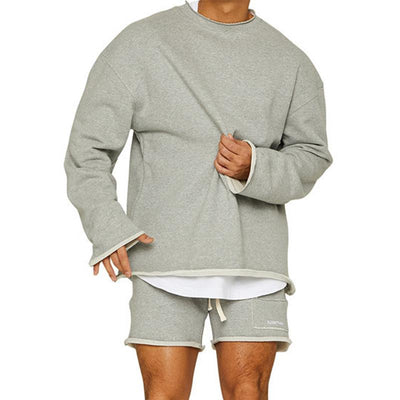 Men's Fashion Solid Color Loose Rolled Sweatshirt Shorts Set