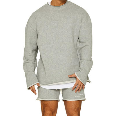 Men's Fashion Solid Color Loose Rolled Sweatshirt Shorts Set