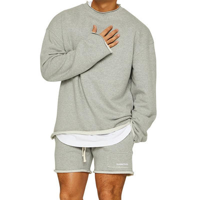 Men's Fashion Solid Color Loose Rolled Sweatshirt Shorts Set